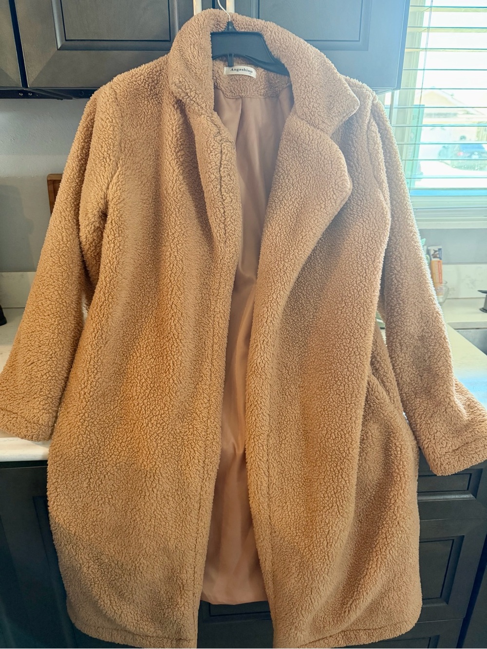 Women's Camel Teddy Coat with Open Front